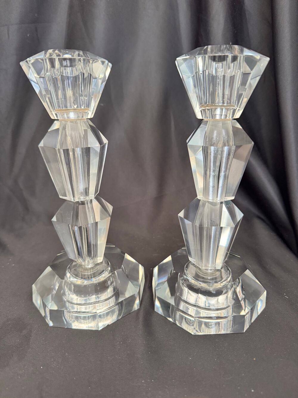 Hollywood Regency MCM Crystal Candle Holders Vintage Set of 2